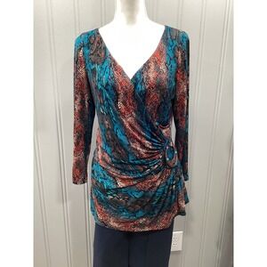 Linda Segal Associates Women's XL Snake Print V Neck Ruched Draped Embellish Top